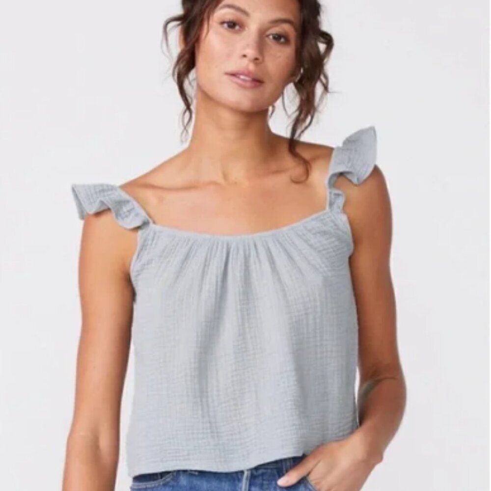 NWT Monrow Gauze Ruffle Tank Top size Large Gray Pullover 100% Cotton Blouse